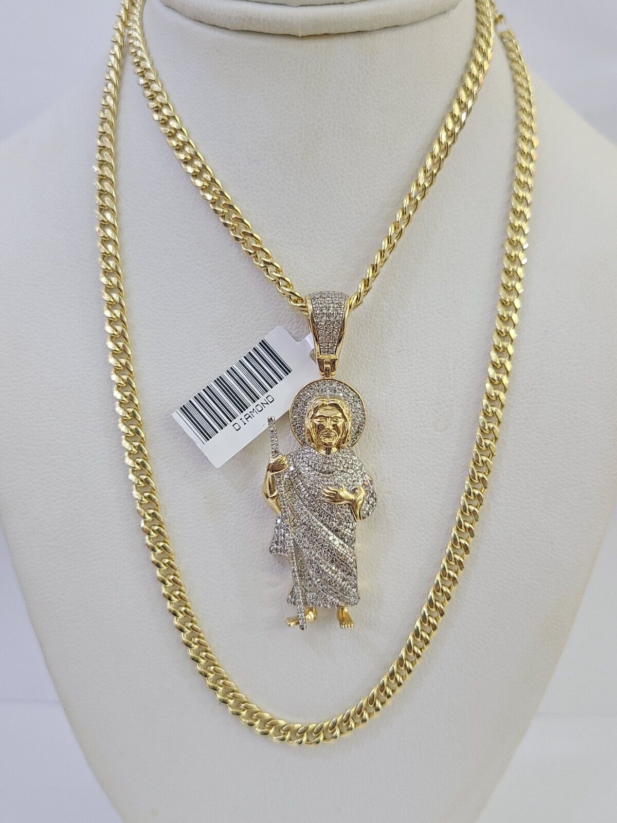 10k Miami Cuban Chain Saint Jude Charm Diamond Set 4.5mm 20" - 28" Necklace Gold - GoldenlinQ