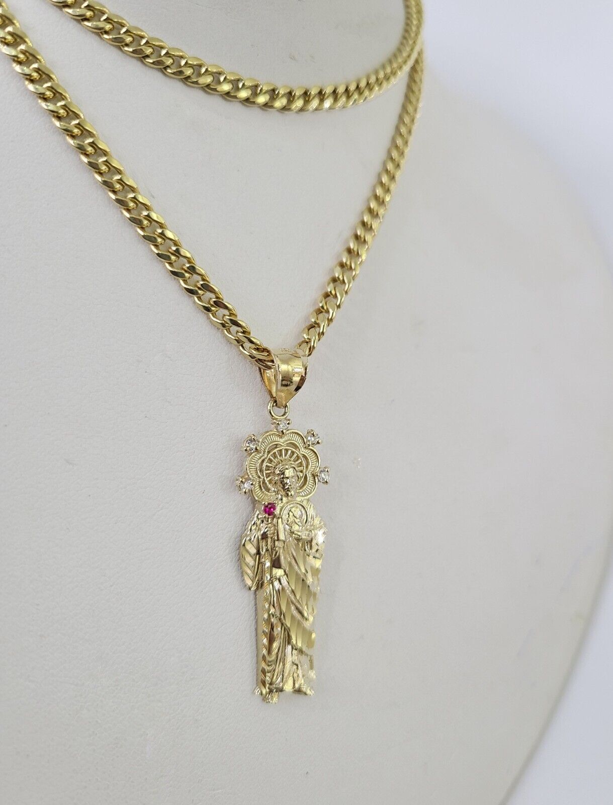 10k Miami Cuban Chain Saint Jude Charm Set 4mm 18" - 28" Necklace Yellow Gold - GoldenlinQ