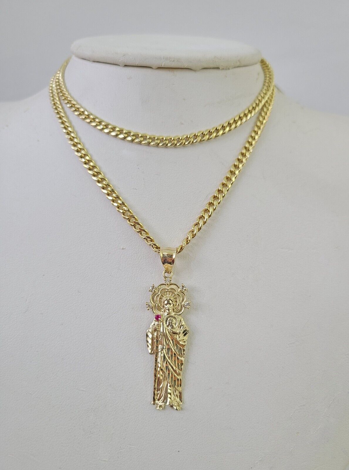 10k Miami Cuban Chain Saint Jude Charm Set 4mm 18" - 28" Necklace Yellow Gold - GoldenlinQ