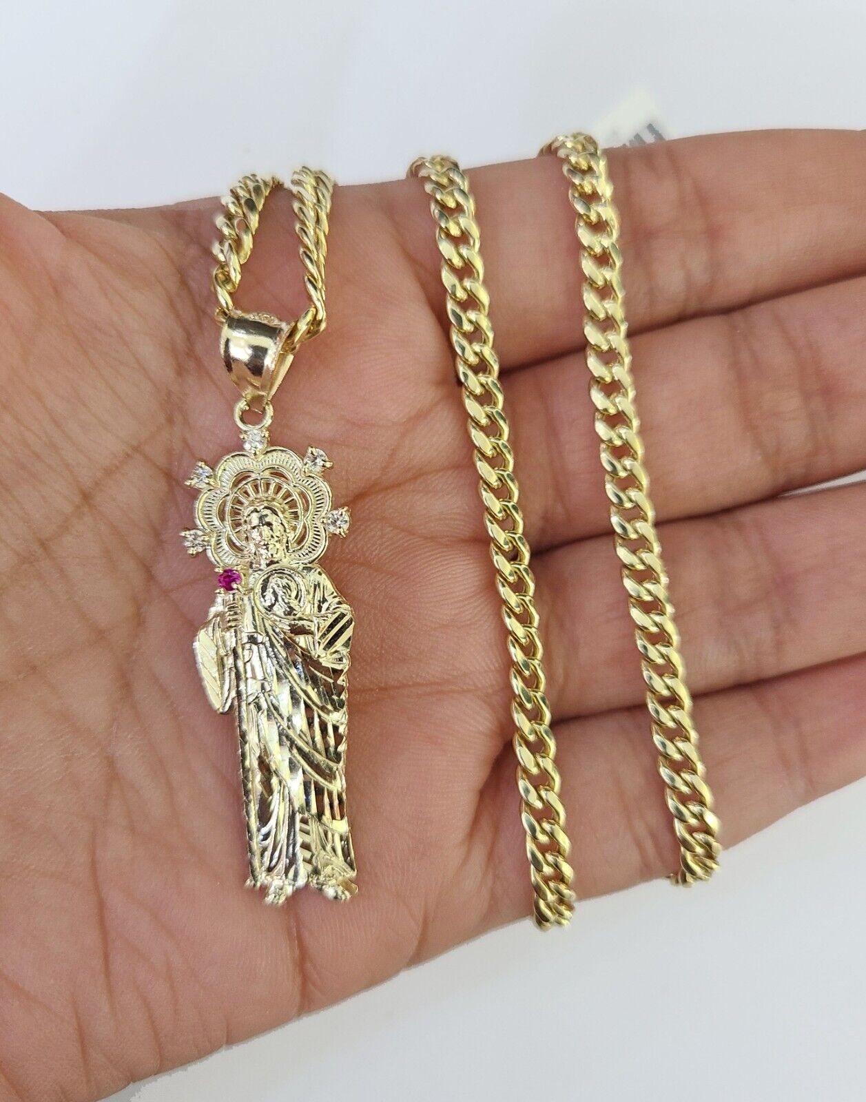 10k Miami Cuban Chain Saint Jude Charm Set 4mm 18" - 28" Necklace Yellow Gold - GoldenlinQ