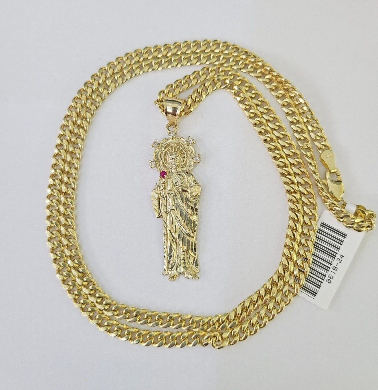 10k Miami Cuban Chain Saint Jude Charm Set 4mm 18" - 28" Necklace Yellow Gold - GoldenlinQ