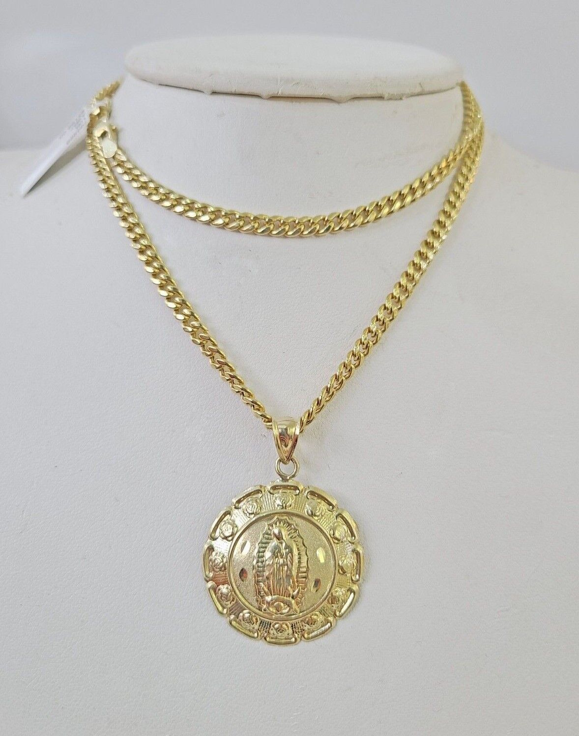 10k Miami Cuban Chain Virgin Mary Charm Set 4mm 18" - 28" Necklace Yellow Gold - GoldenlinQ