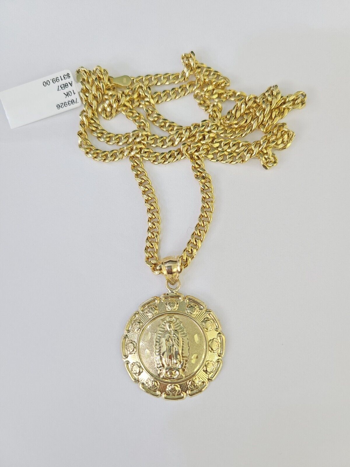 10k Miami Cuban Chain Virgin Mary Charm Set 4mm 18" - 28" Necklace Yellow Gold - GoldenlinQ