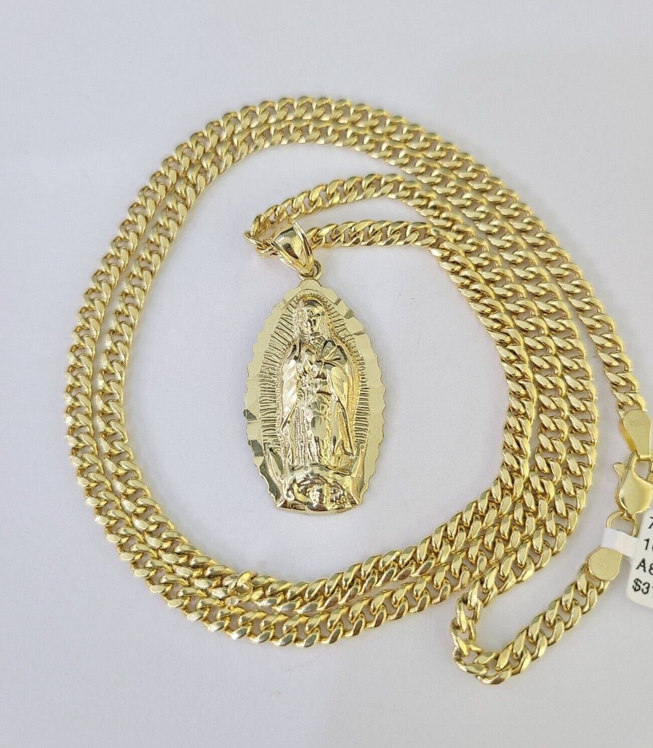 10k Miami Cuban Chain Virgin Mary Charm Set 4mm 18" - 28" Necklace Yellow Gold - GoldenlinQ