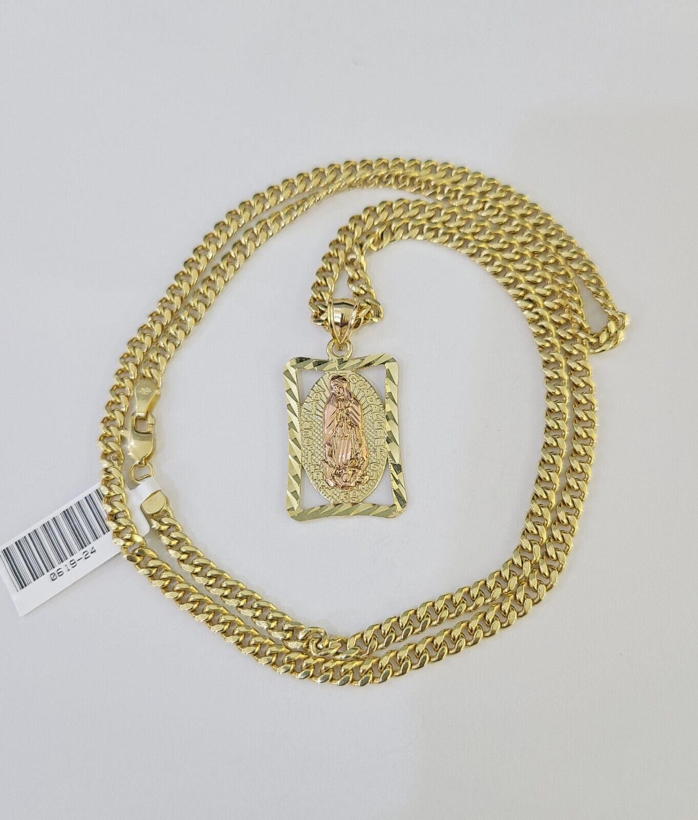 10k Miami Cuban Chain Virgin Mary Charm Set 4mm 18" - 28" Necklace Yellow Gold - GoldenlinQ
