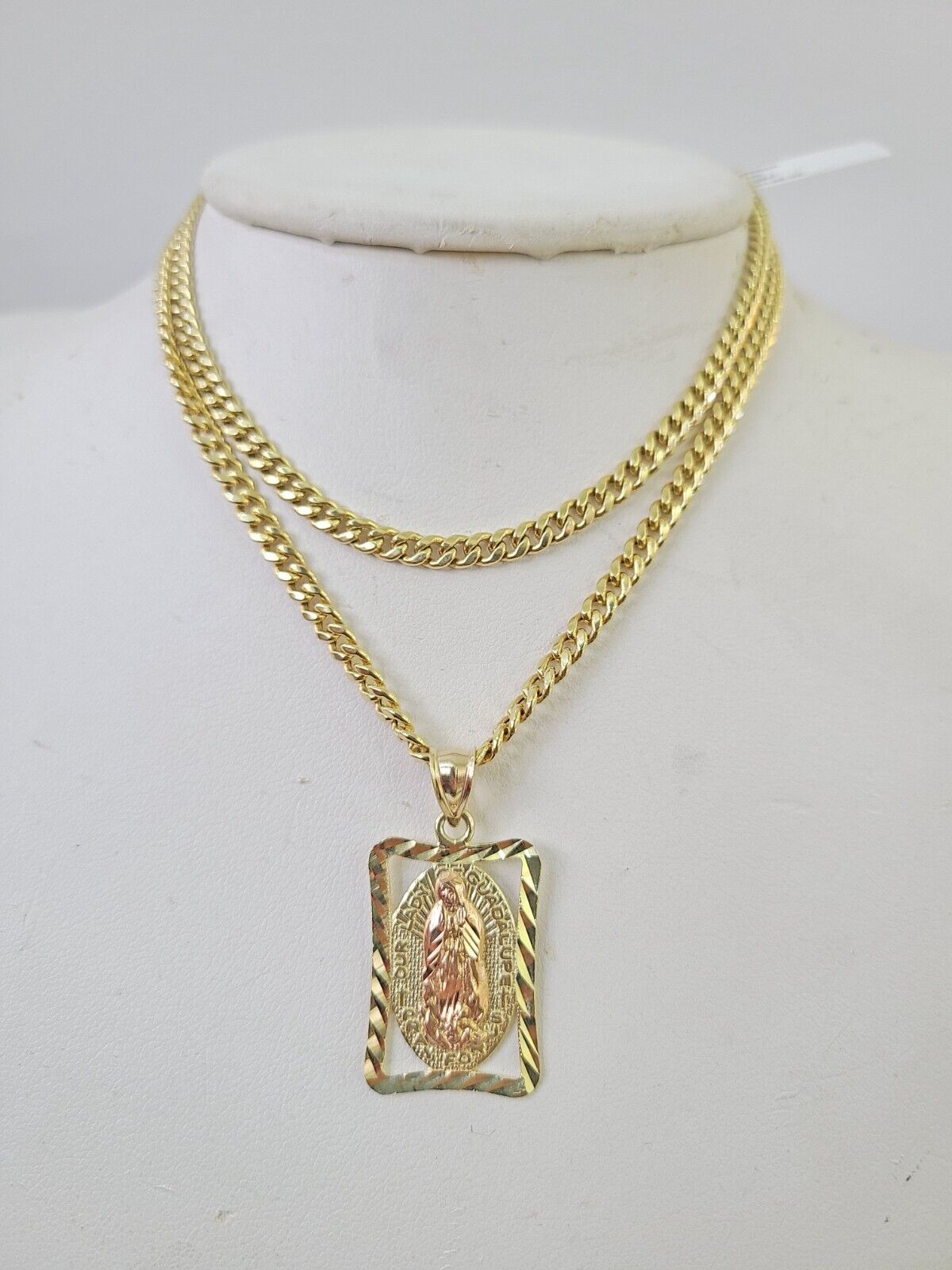 10k Miami Cuban Chain Virgin Mary Charm Set 4mm 18" - 28" Necklace Yellow Gold - GoldenlinQ