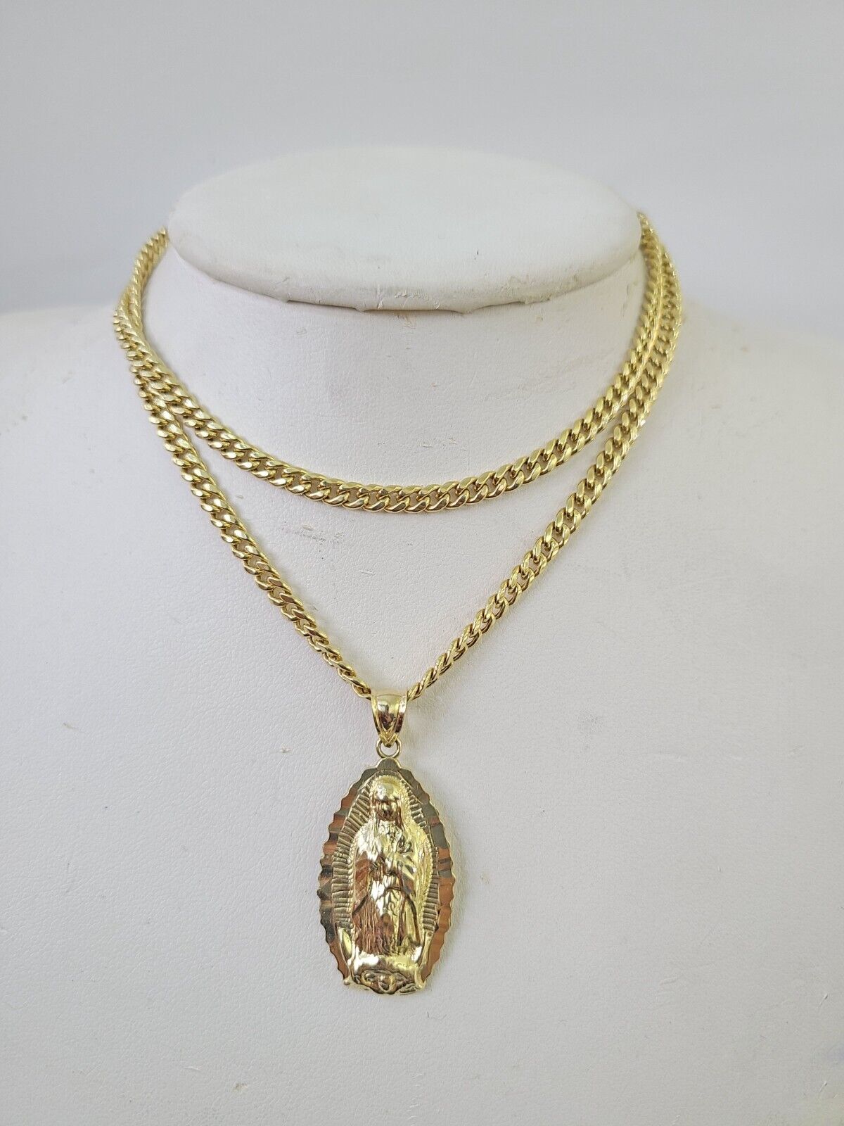 10k Miami Cuban Chain Virgin Mary Charm Set 4mm 18" - 28" Necklace Yellow Gold - GoldenlinQ
