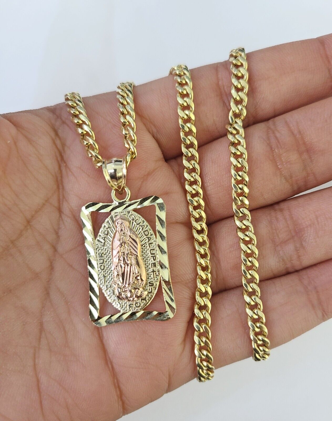 10k Miami Cuban Chain Virgin Mary Charm Set 4mm 18" - 28" Necklace Yellow Gold - GoldenlinQ