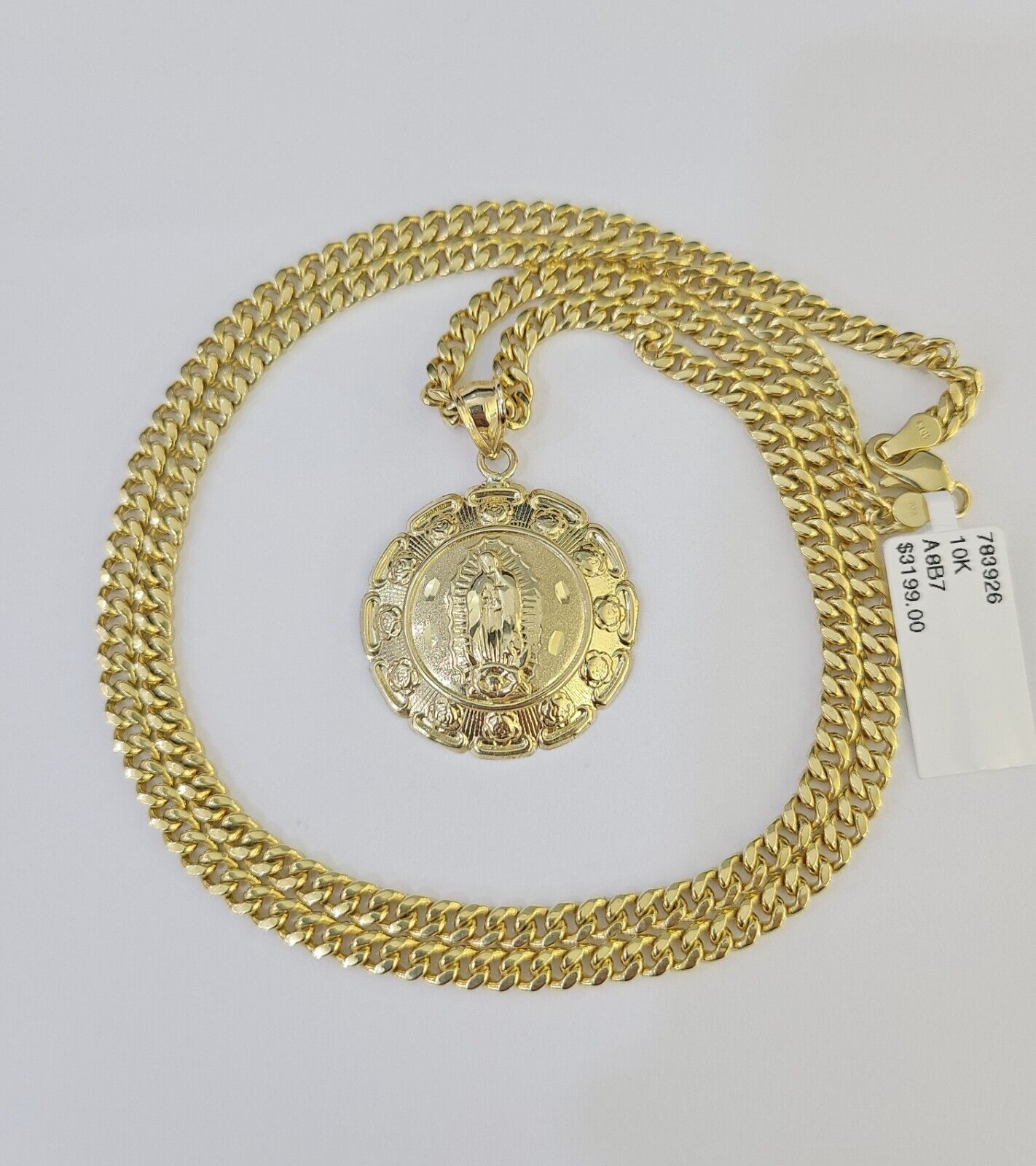 10k Miami Cuban Chain Virgin Mary Charm Set 4mm 18" - 28" Necklace Yellow Gold - GoldenlinQ