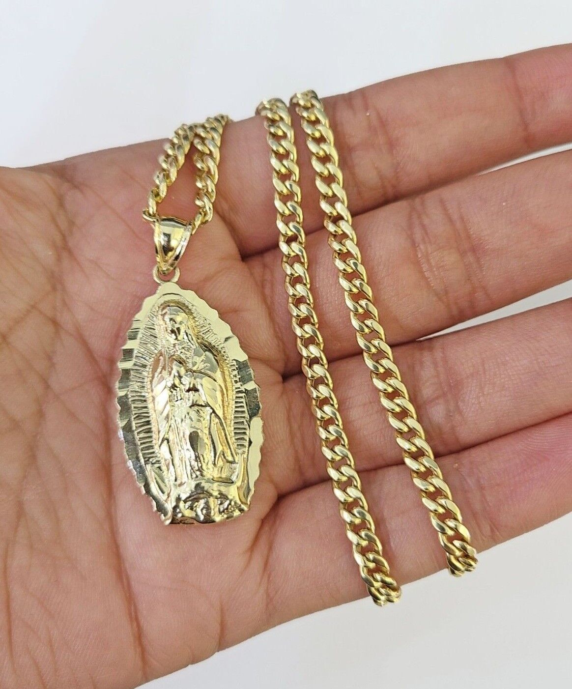 10k Miami Cuban Chain Virgin Mary Charm Set 4mm 18" - 28" Necklace Yellow Gold - GoldenlinQ