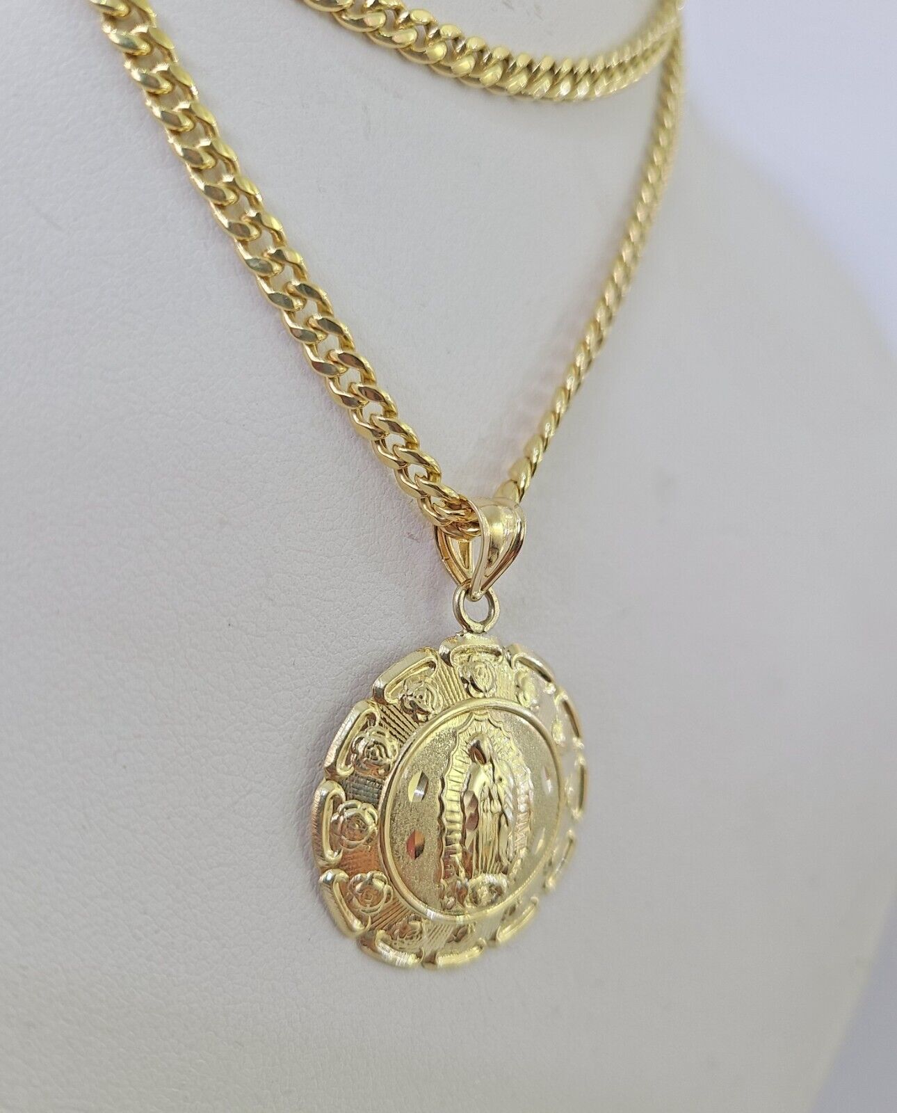 10k Miami Cuban Chain Virgin Mary Charm Set 4mm 18" - 28" Necklace Yellow Gold - GoldenlinQ