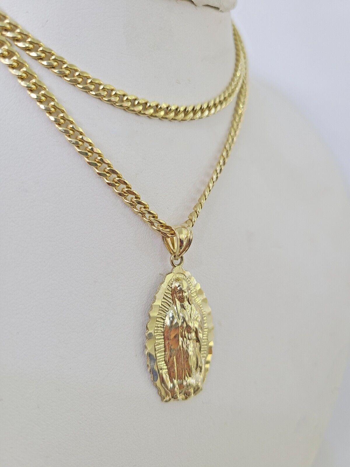 10k Miami Cuban Chain Virgin Mary Charm Set 4mm 18" - 28" Necklace Yellow Gold - GoldenlinQ