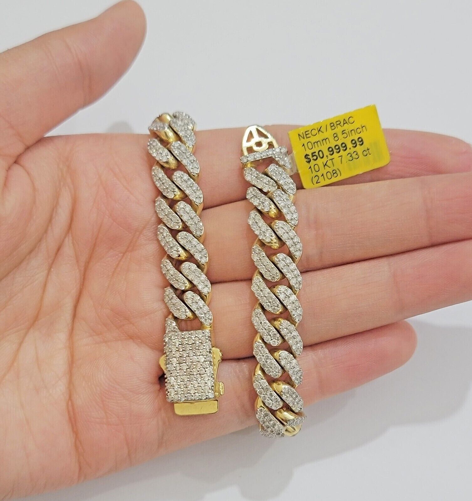 10k Miami cuban Gold & Diamond Bracelet 10mm 7 CT Natural Diamonds Solid - GoldenlinQ