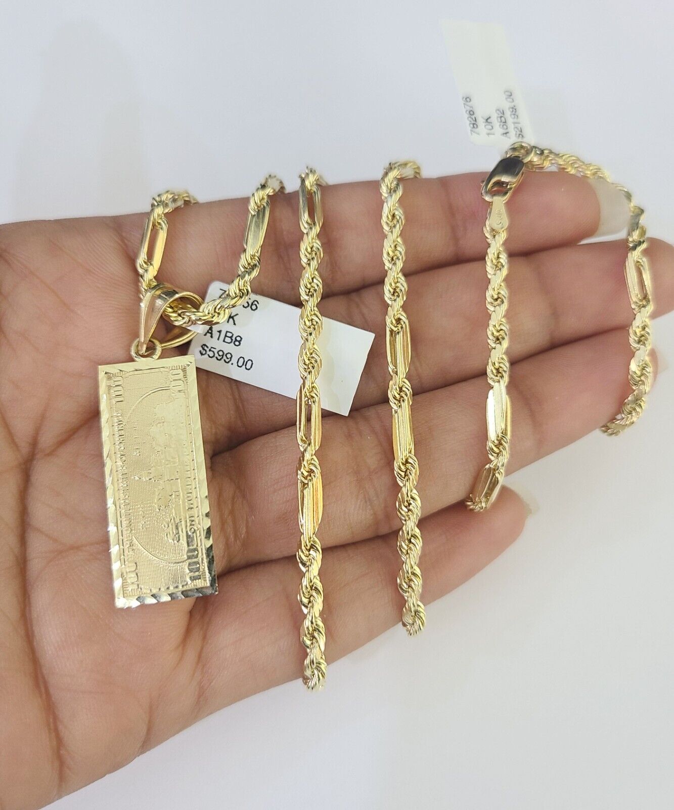 10k Milano Rope Chain 100 Dollar Charm Necklace SET 3mm 18" 20" 22" 24" - GoldenlinQ