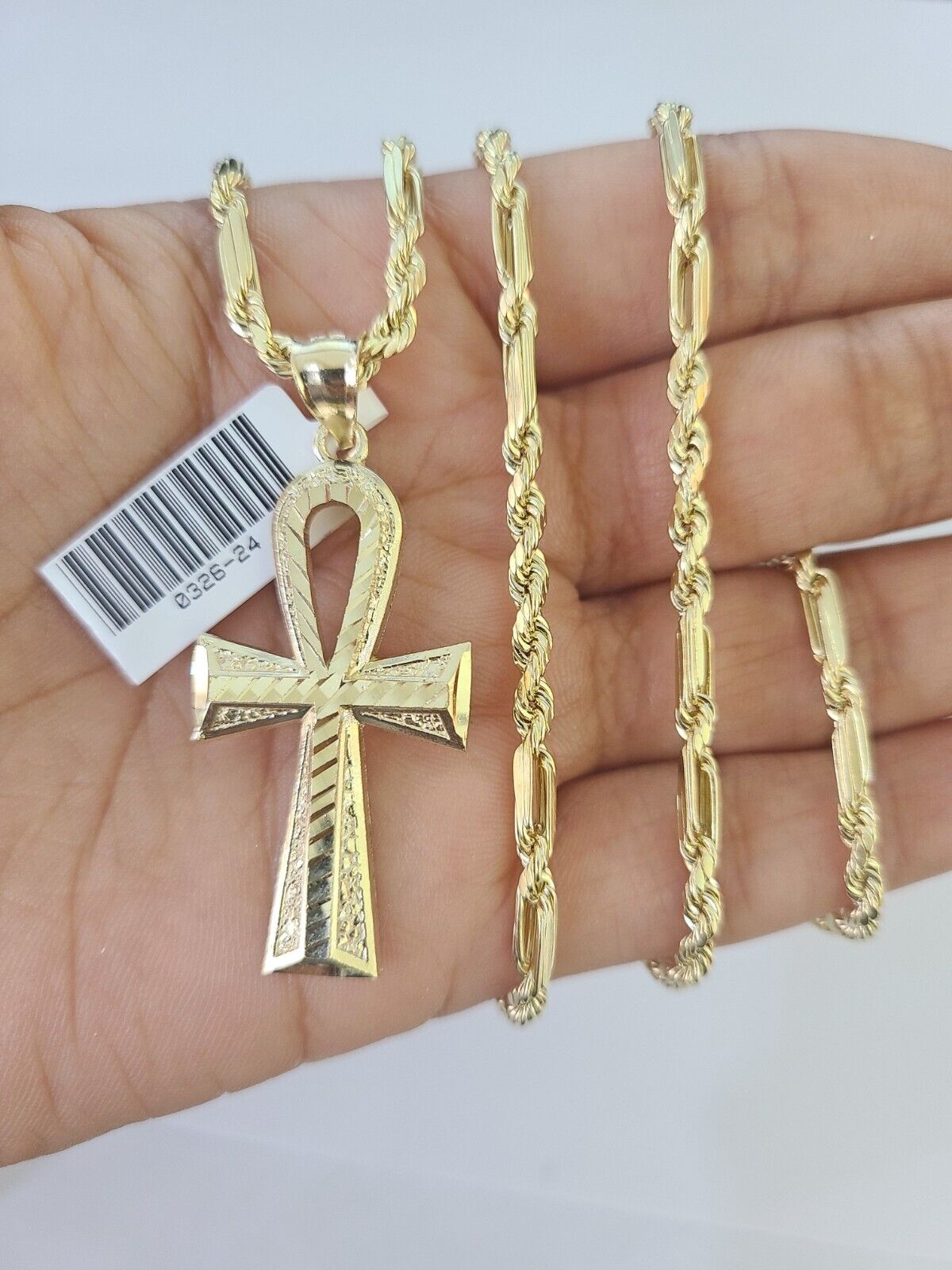 10k Milano Rope Chain Ankh Jesus Cross Charm Necklace SET 3mm 18" 20" 22" 24" - GoldenlinQ