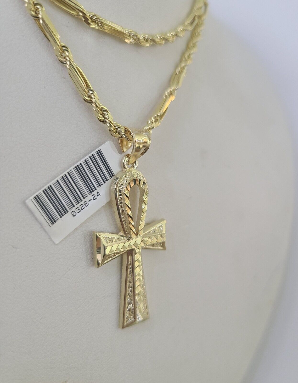 10k Milano Rope Chain Ankh Jesus Cross Charm Necklace SET 3mm 18" 20" 22" 24" - GoldenlinQ