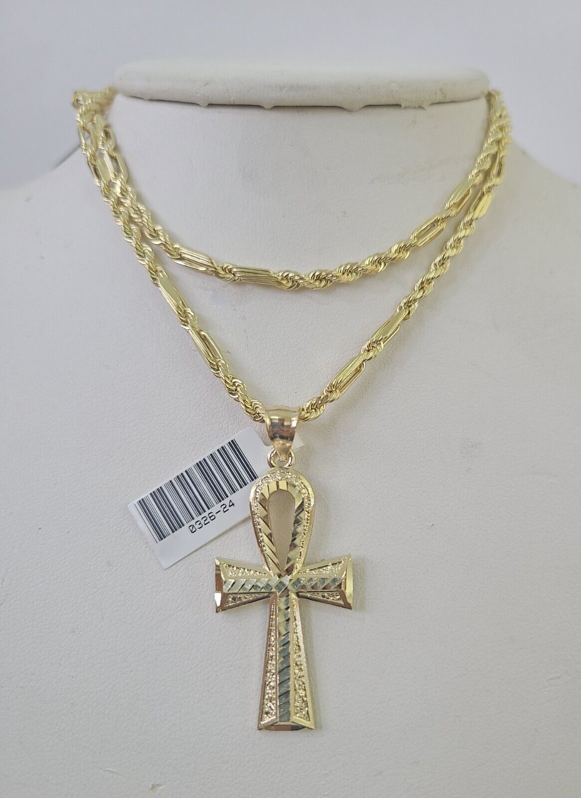 10k Milano Rope Chain Ankh Jesus Cross Charm Necklace SET 3mm 18" 20" 22" 24" - GoldenlinQ