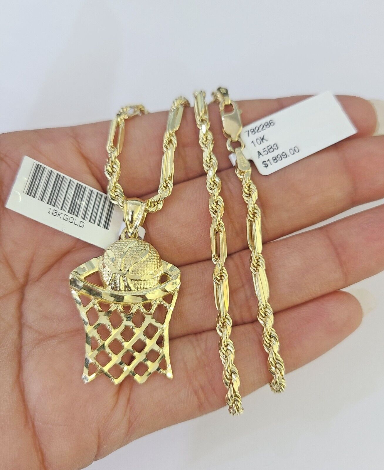 10k Milano Rope Chain Basketball Goal Charm Necklace SET 3mm 18" 20" 22" 24" - GoldenlinQ