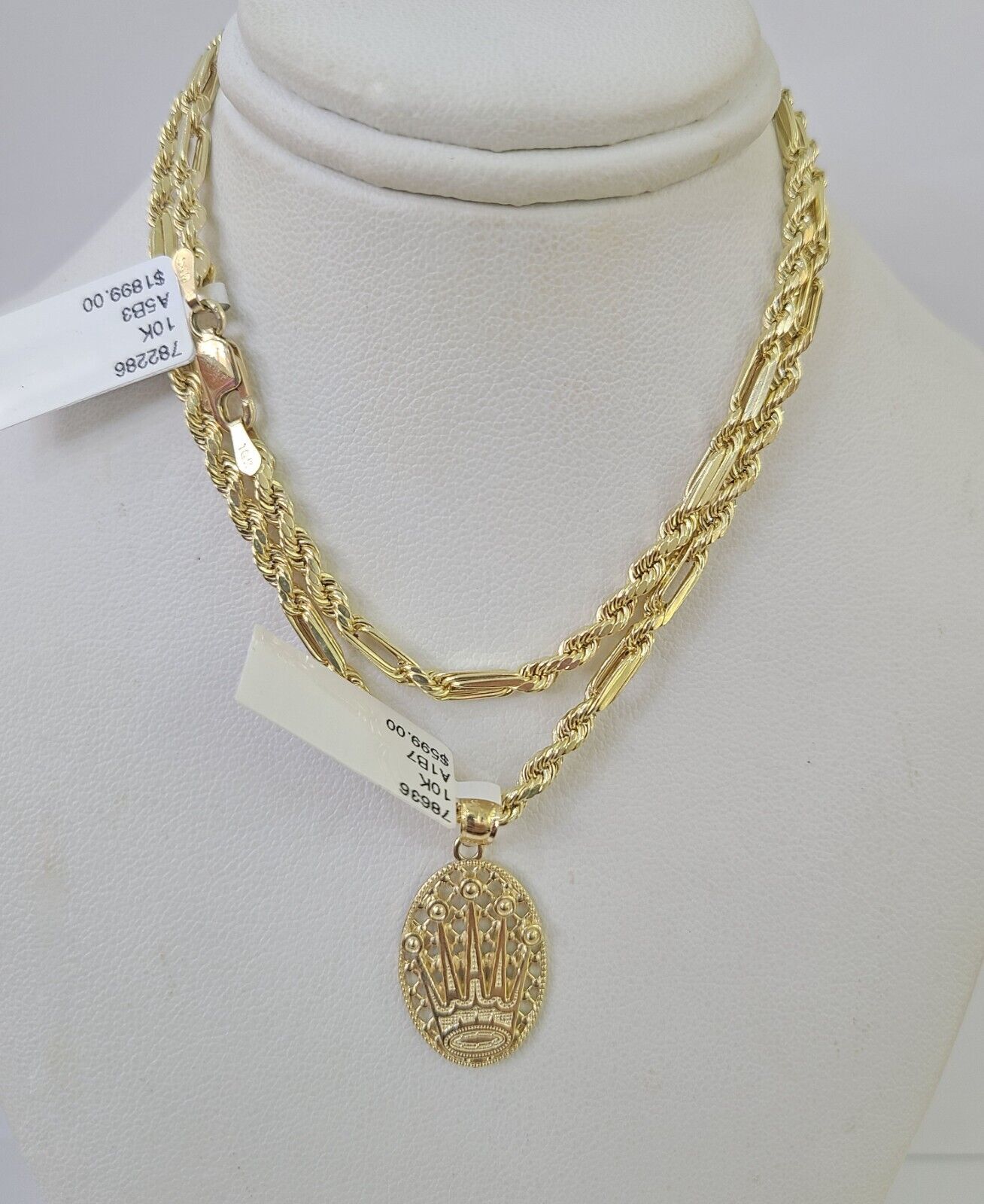 10k Milano Rope Chain Crown Charm Necklace SET 3mm 18" 20" 22" 24" Pendant - GoldenlinQ