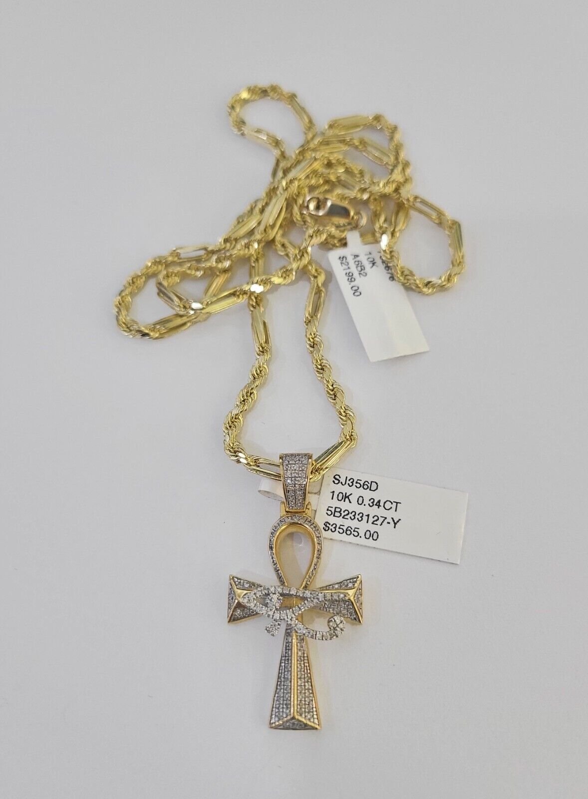 10k Milano Rope Chain Diamond Evil Eye Cross Charm Necklace SET 3mm 18" - 24" - GoldenlinQ