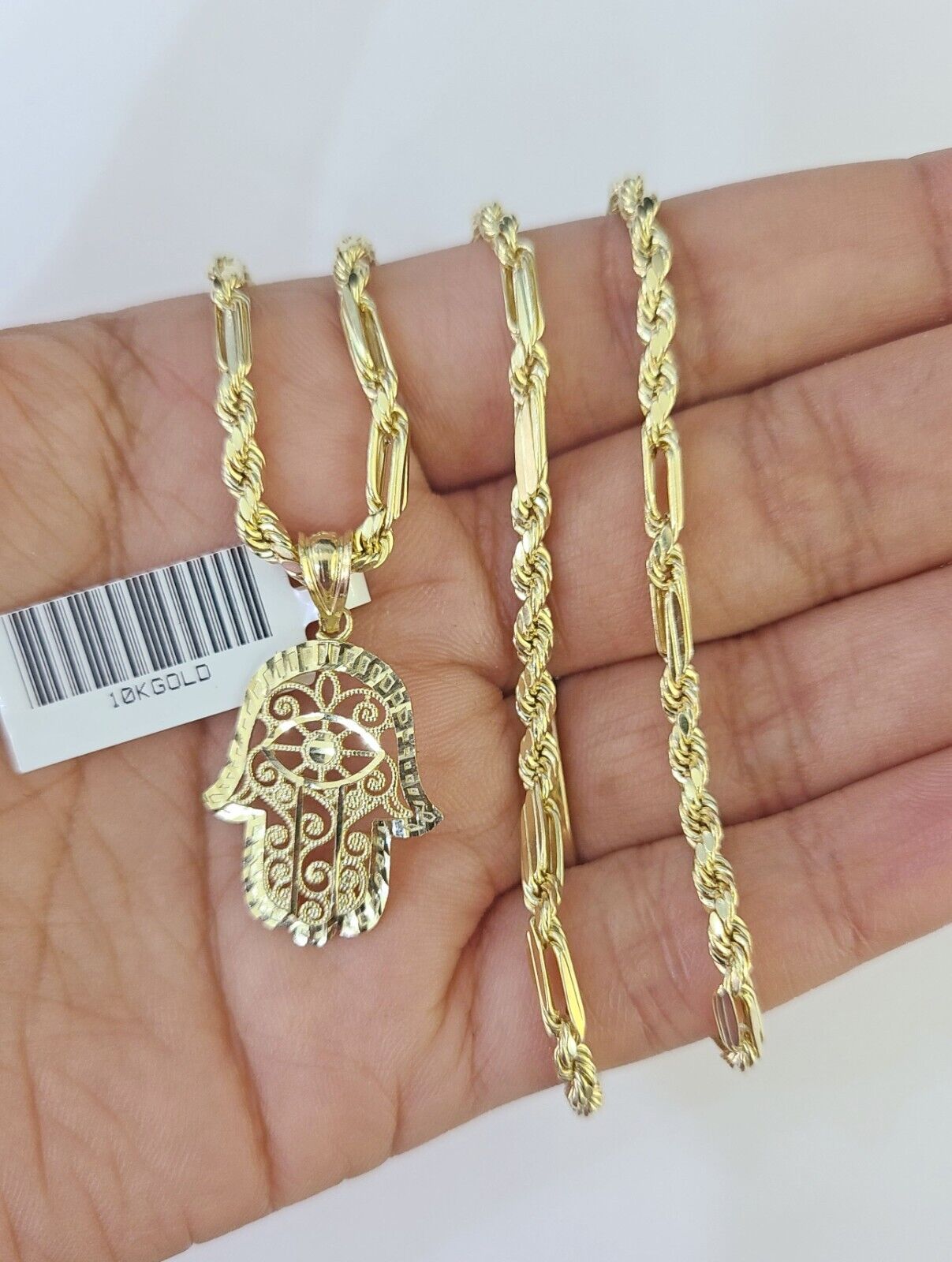 10k Milano Rope Chain Hamsa Hand Charm Necklace SET 3mm 18" 20" 22" 24" Pendant - GoldenlinQ