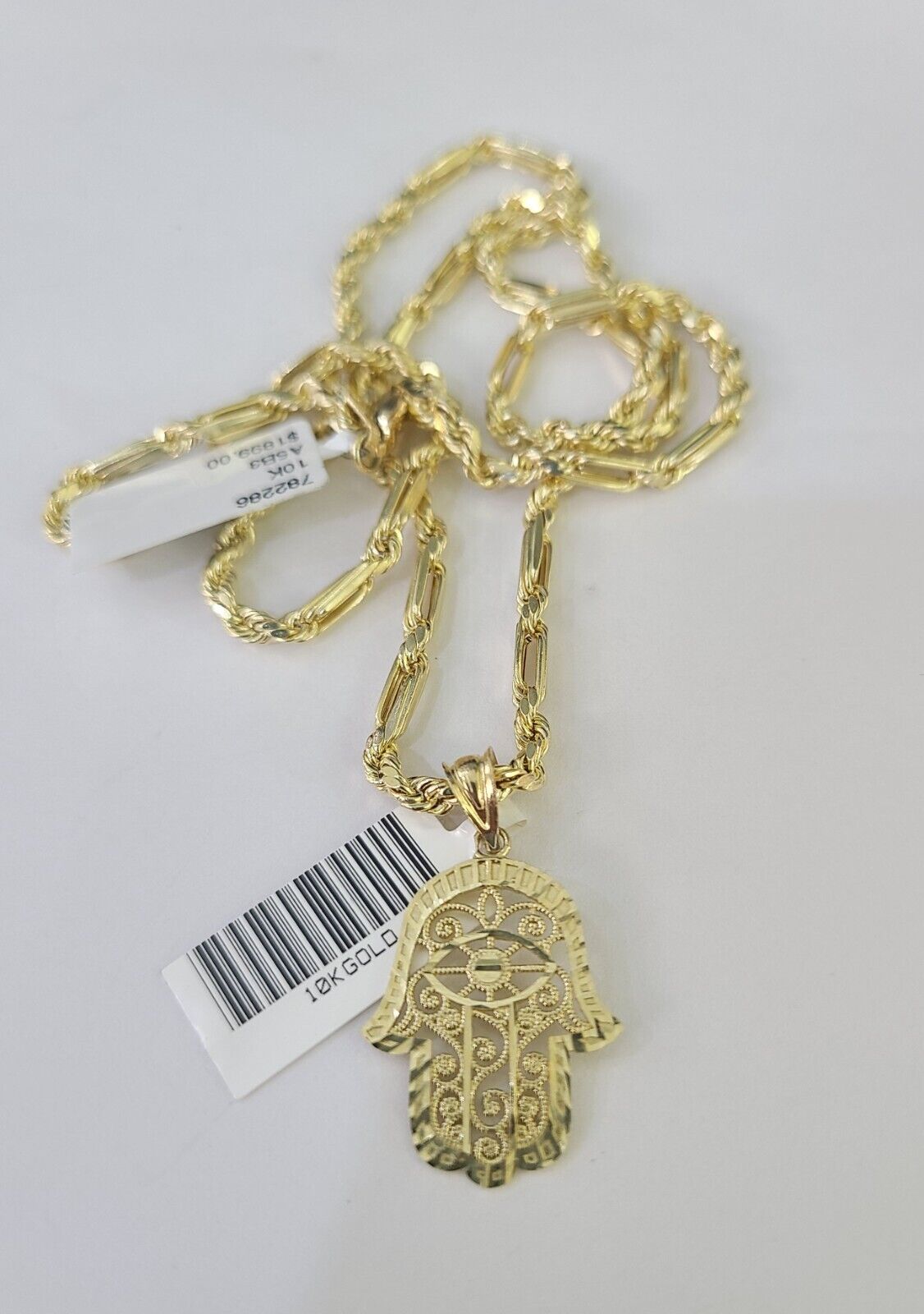 10k Milano Rope Chain Hamsa Hand Charm Necklace SET 3mm 18" 20" 22" 24" Pendant - GoldenlinQ