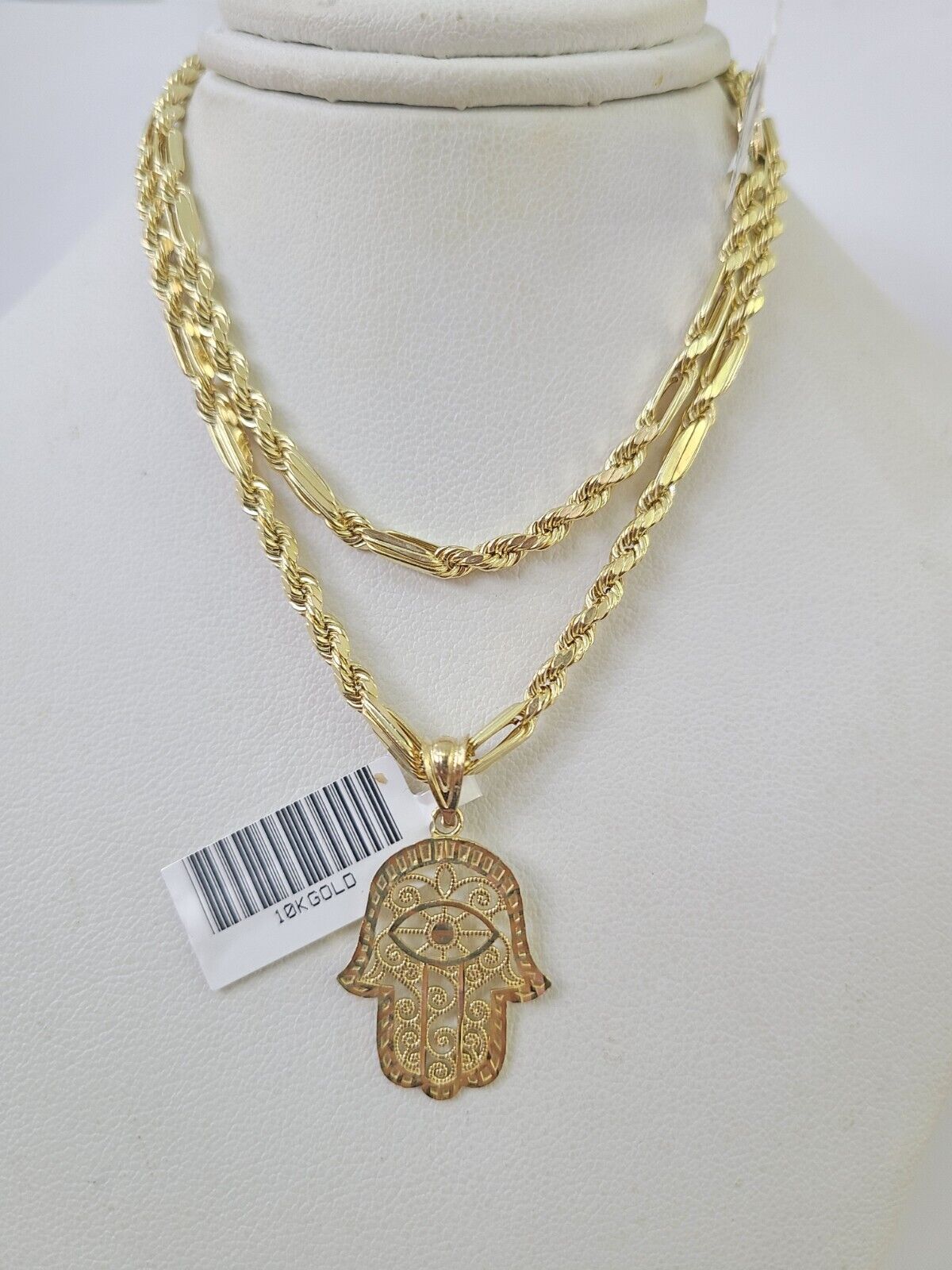 10k Milano Rope Chain Hamsa Hand Charm Necklace SET 3mm 18" 20" 22" 24" Pendant - GoldenlinQ