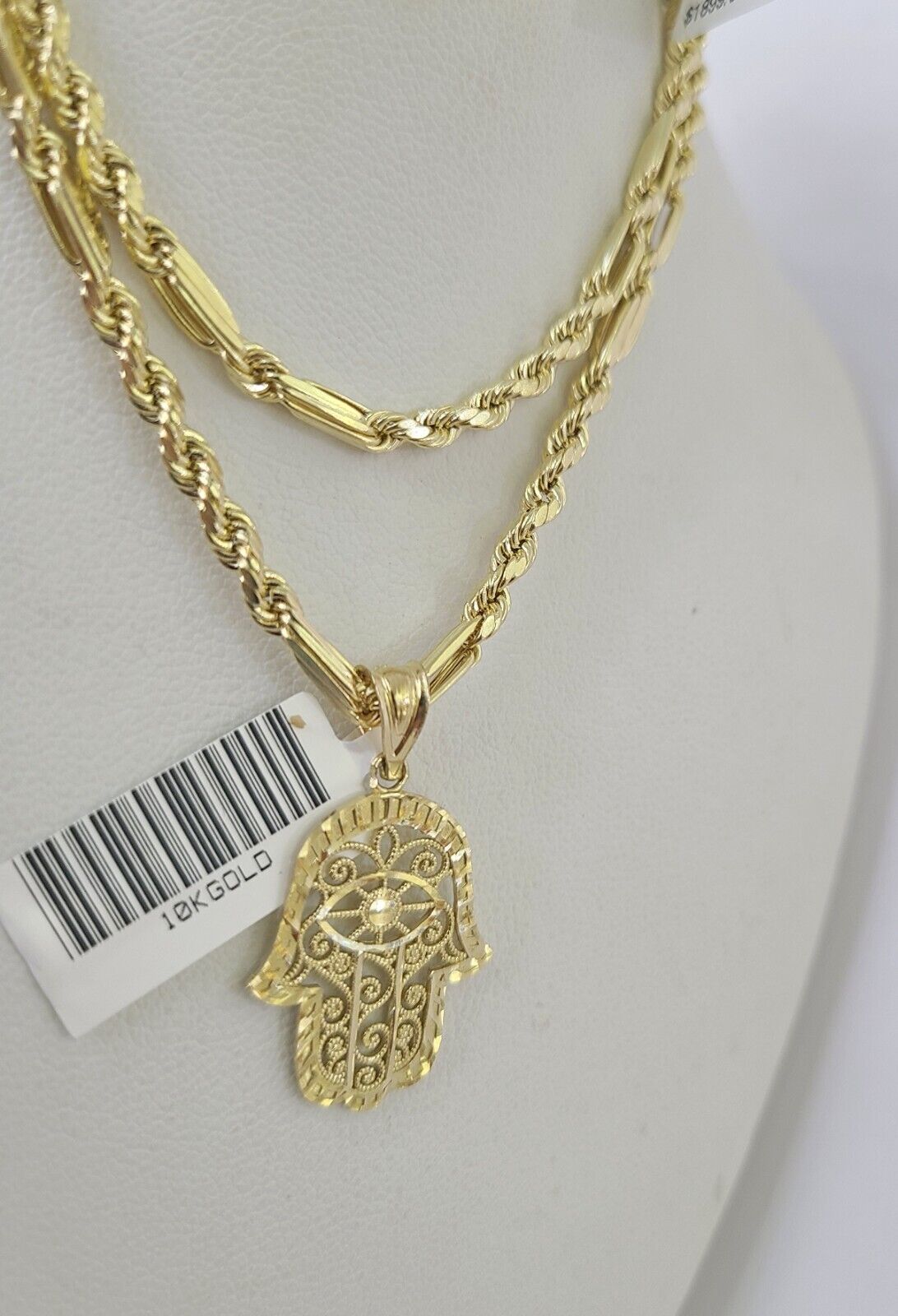10k Milano Rope Chain Hamsa Hand Charm Necklace SET 3mm 18" 20" 22" 24" Pendant - GoldenlinQ