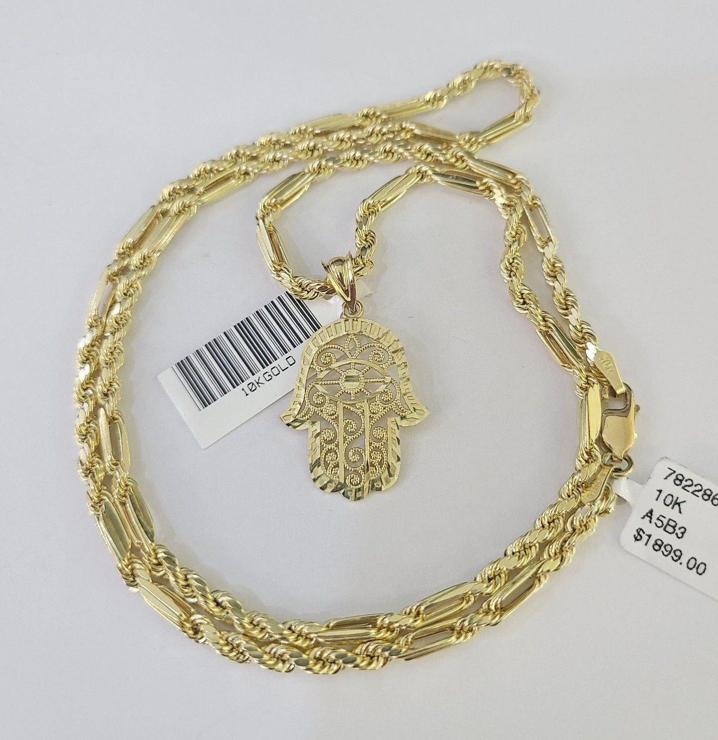 10k Milano Rope Chain Hamsa Hand Charm Necklace SET 3mm 18" 20" 22" 24" Pendant - GoldenlinQ