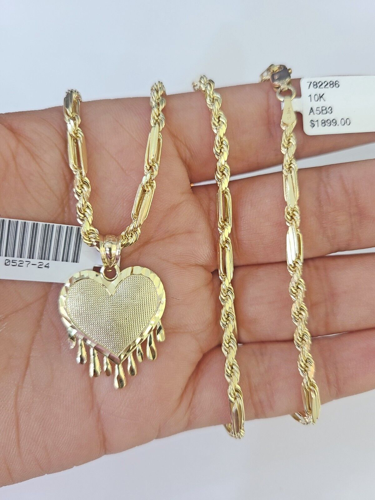 10k Milano Rope Chain Heart Charm Necklace SET 3mm 18" 20" 22" 24" Pendant - GoldenlinQ