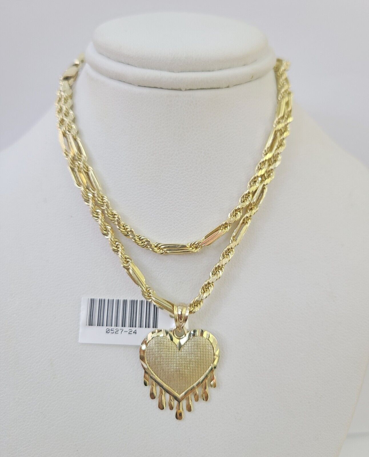10k Milano Rope Chain Heart Charm Necklace SET 3mm 18" 20" 22" 24" Pendant - GoldenlinQ