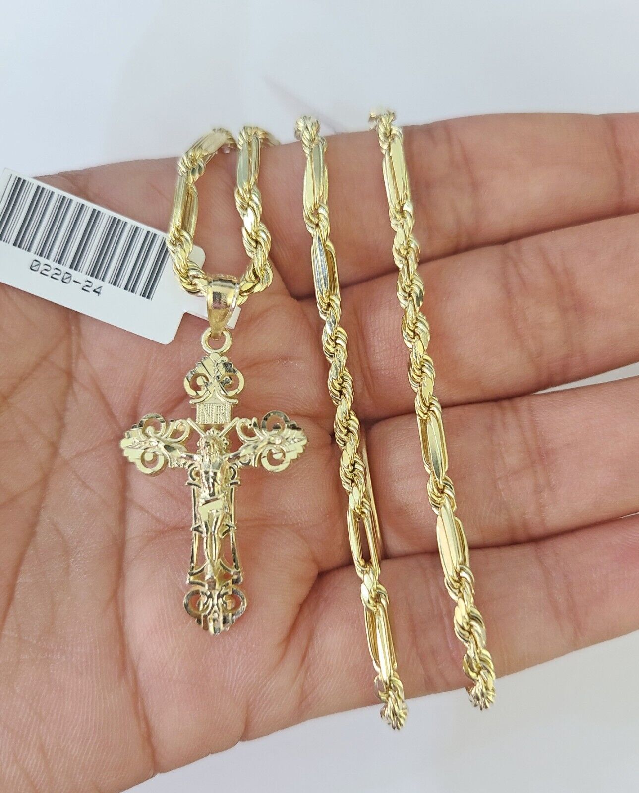 10k Milano Rope Chain INRI Cross Charm Necklace SET 3mm 18" 20" 22" 24" Pendant - GoldenlinQ