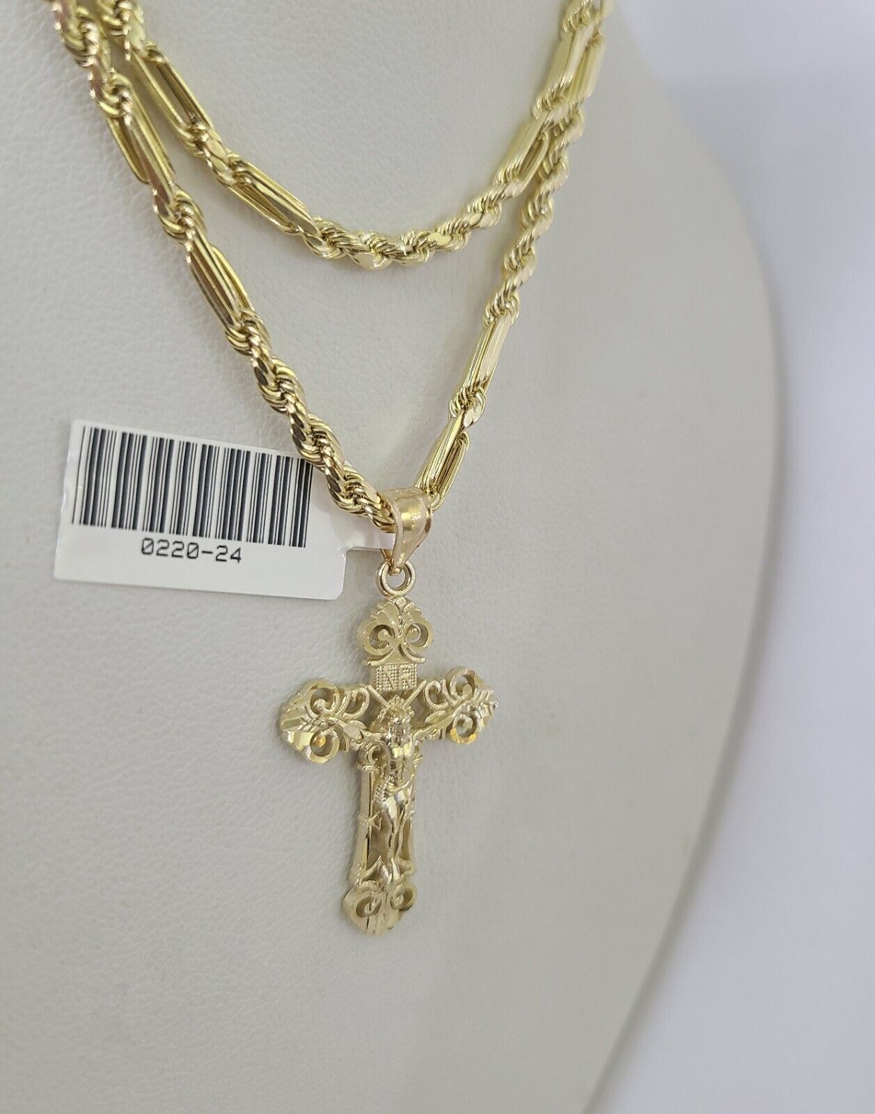 10k Milano Rope Chain INRI Cross Charm Necklace SET 3mm 18" 20" 22" 24" Pendant - GoldenlinQ
