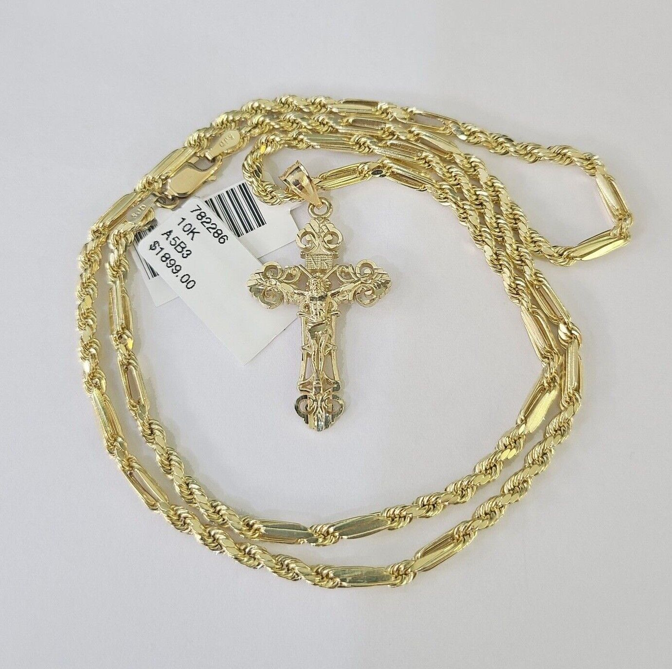 10k Milano Rope Chain INRI Cross Charm Necklace SET 3mm 18" 20" 22" 24" Pendant - GoldenlinQ