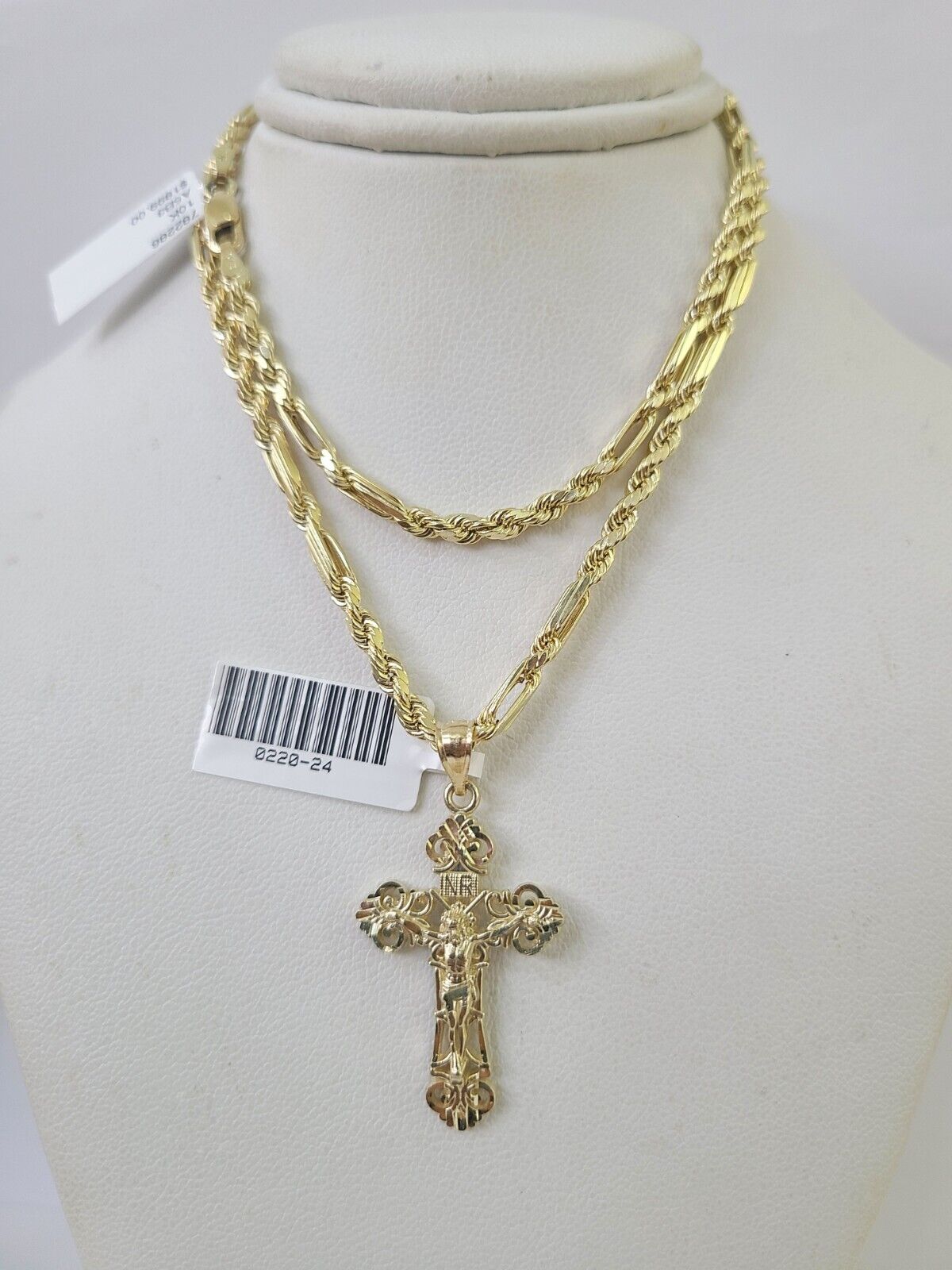 10k Milano Rope Chain INRI Cross Charm Necklace SET 3mm 18" 20" 22" 24" Pendant - GoldenlinQ