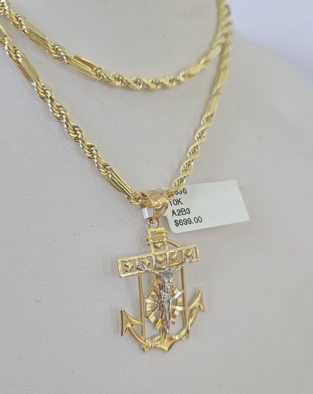 10k Milano Rope Chain Jesus Anchor Charm Necklace SET 3mm 18" 20" 22" 24" - GoldenlinQ