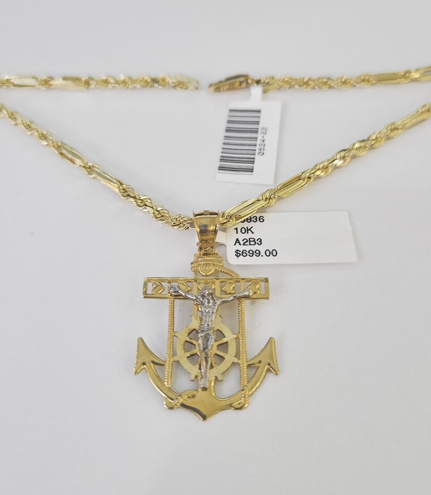 10k Milano Rope Chain Jesus Anchor Charm Necklace SET 3mm 18" 20" 22" 24" - GoldenlinQ
