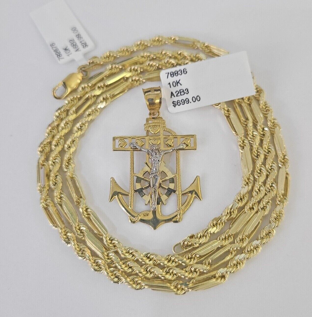 10k Milano Rope Chain Jesus Anchor Charm Necklace SET 3mm 18" 20" 22" 24" - GoldenlinQ