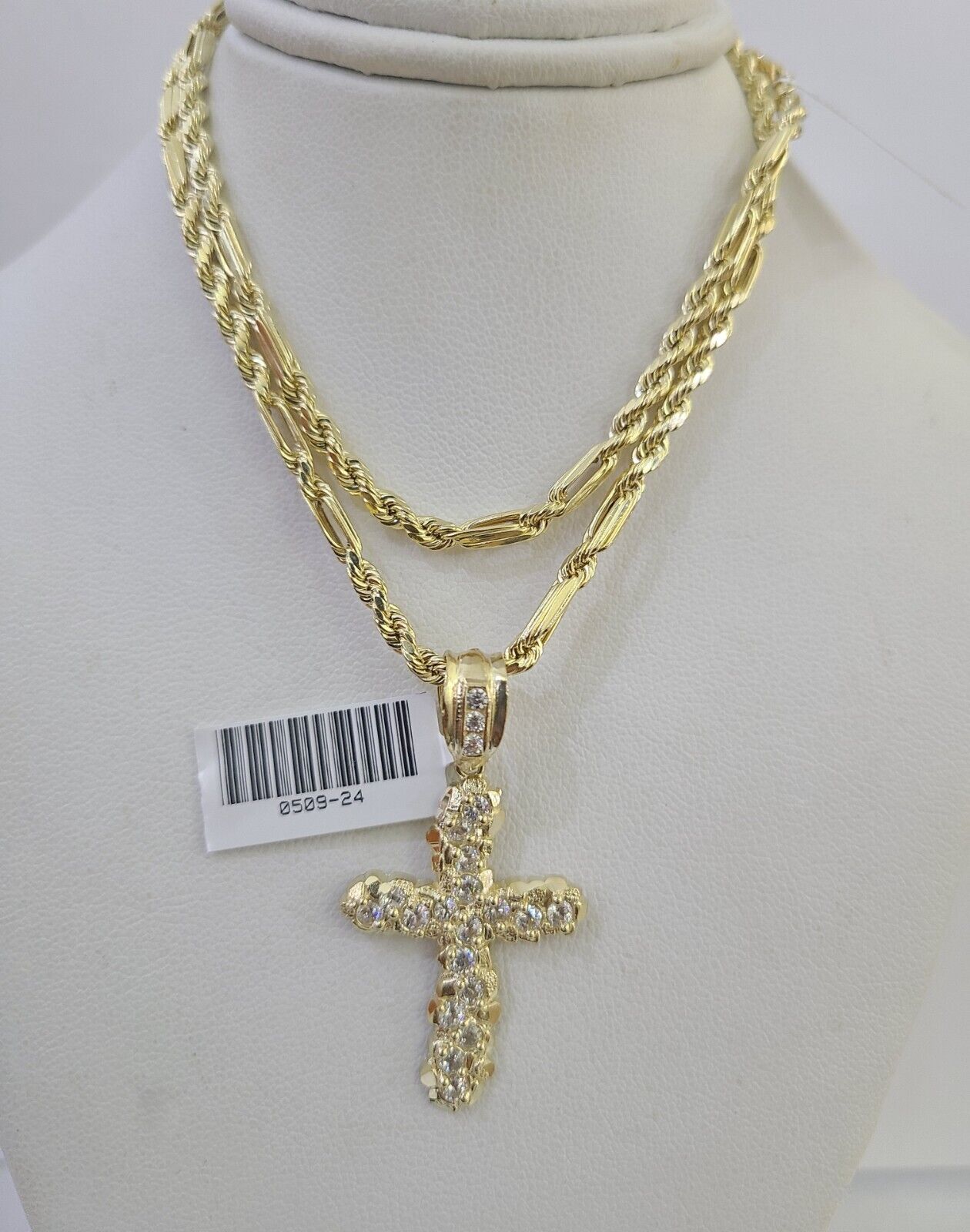 10k Milano Rope Chain Jesus Cross Charm Necklace SET 3mm 18" 20" 22" 24" - GoldenlinQ