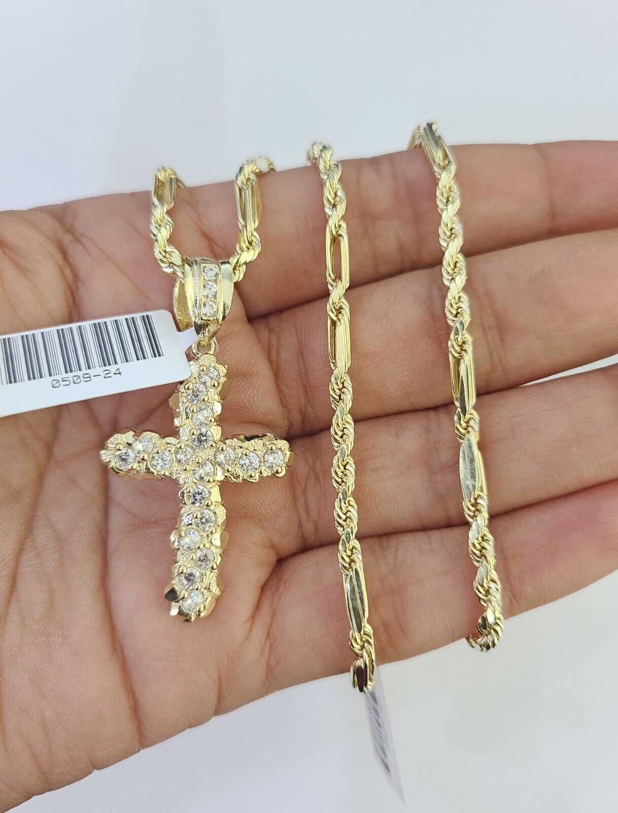 10k Milano Rope Chain Jesus Cross Charm Necklace SET 3mm 18" 20" 22" 24" - GoldenlinQ