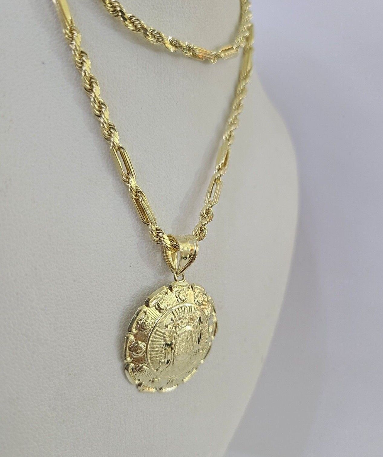 10k Milano Rope Chain Jesus Head Charm Necklace SET 3mm 18" - 26" Pendant - GoldenlinQ