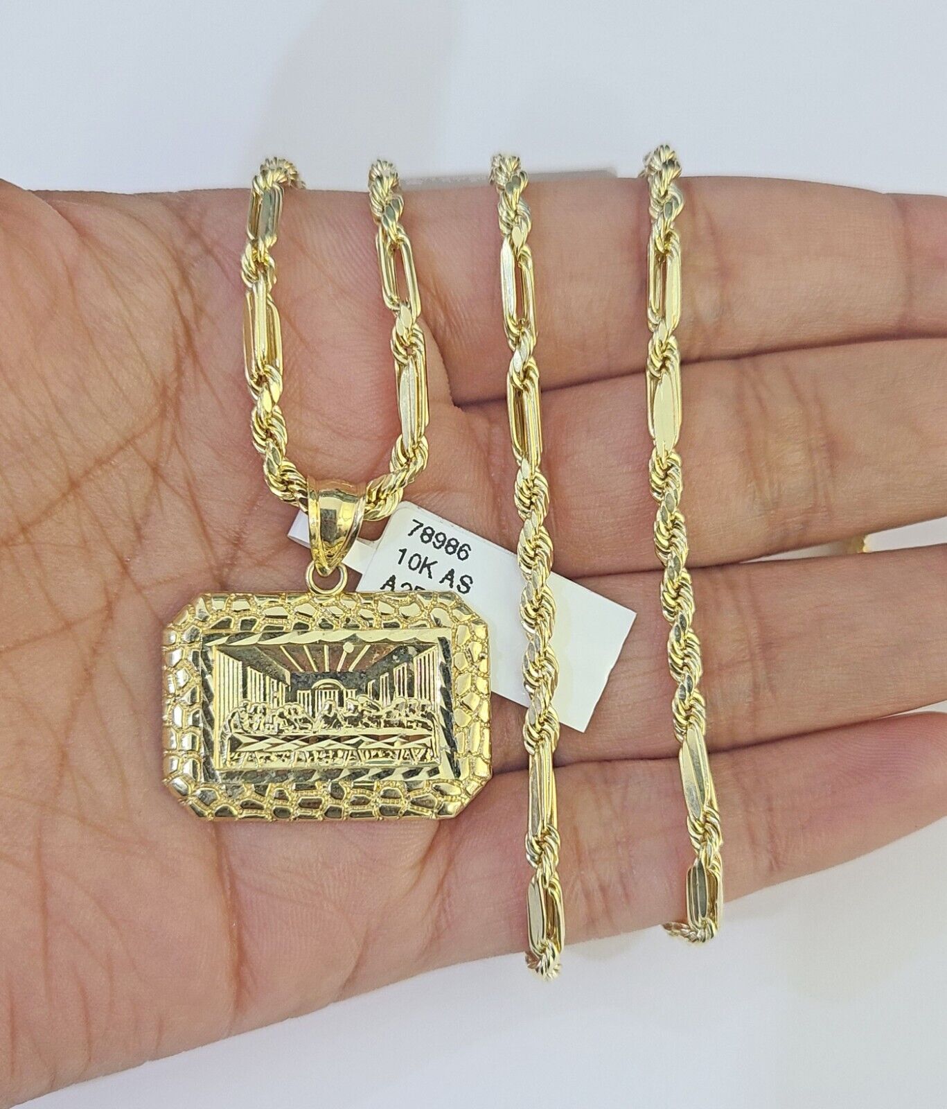 10k Milano Rope Chain Last Supper Charm Necklace SET 3mm 18" 20" 22" 24" - GoldenlinQ