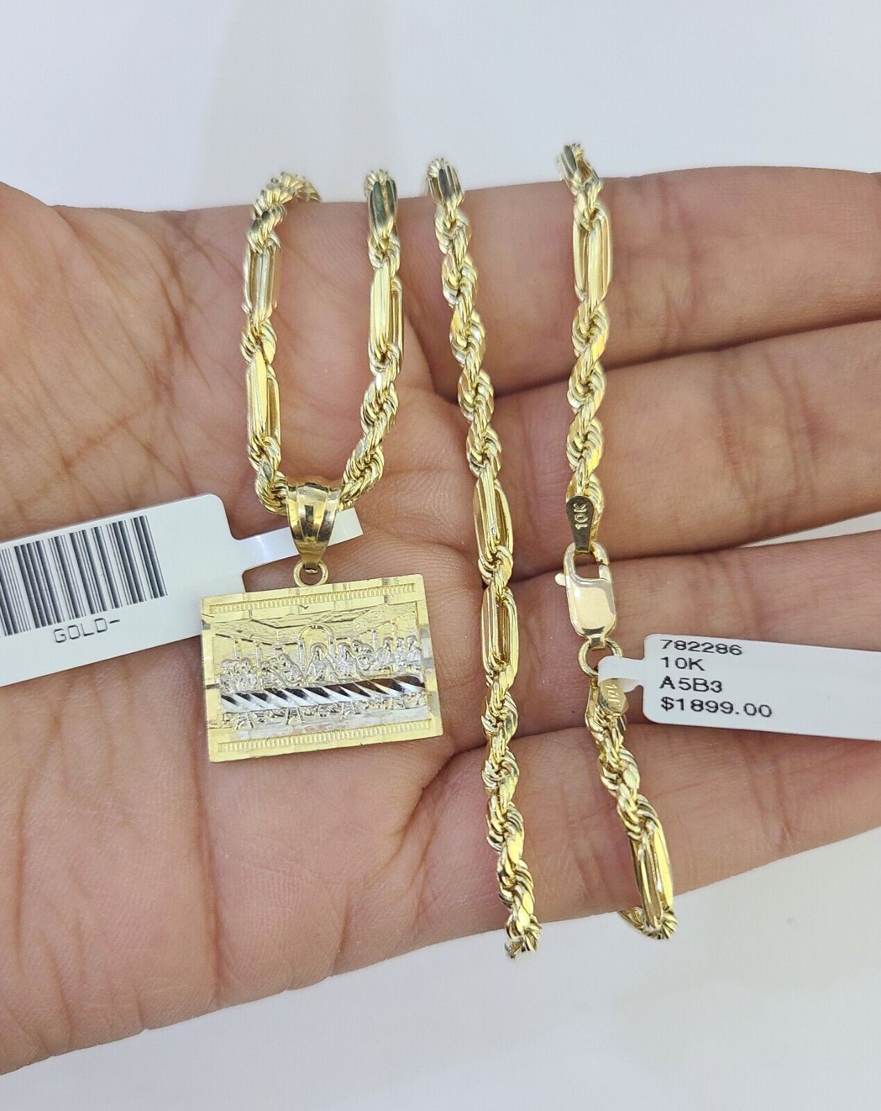 10k Milano Rope Chain Last Supper Charm Necklace SET 3mm 18" 20" 22" 24" - GoldenlinQ