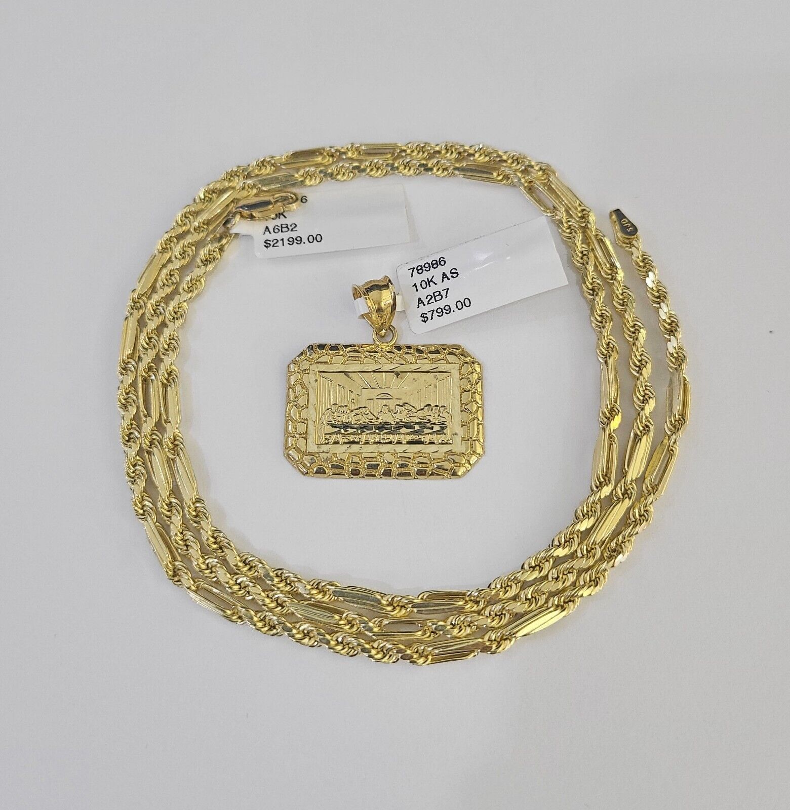 10k Milano Rope Chain Last Supper Charm Necklace SET 3mm 18" 20" 22" 24" - GoldenlinQ