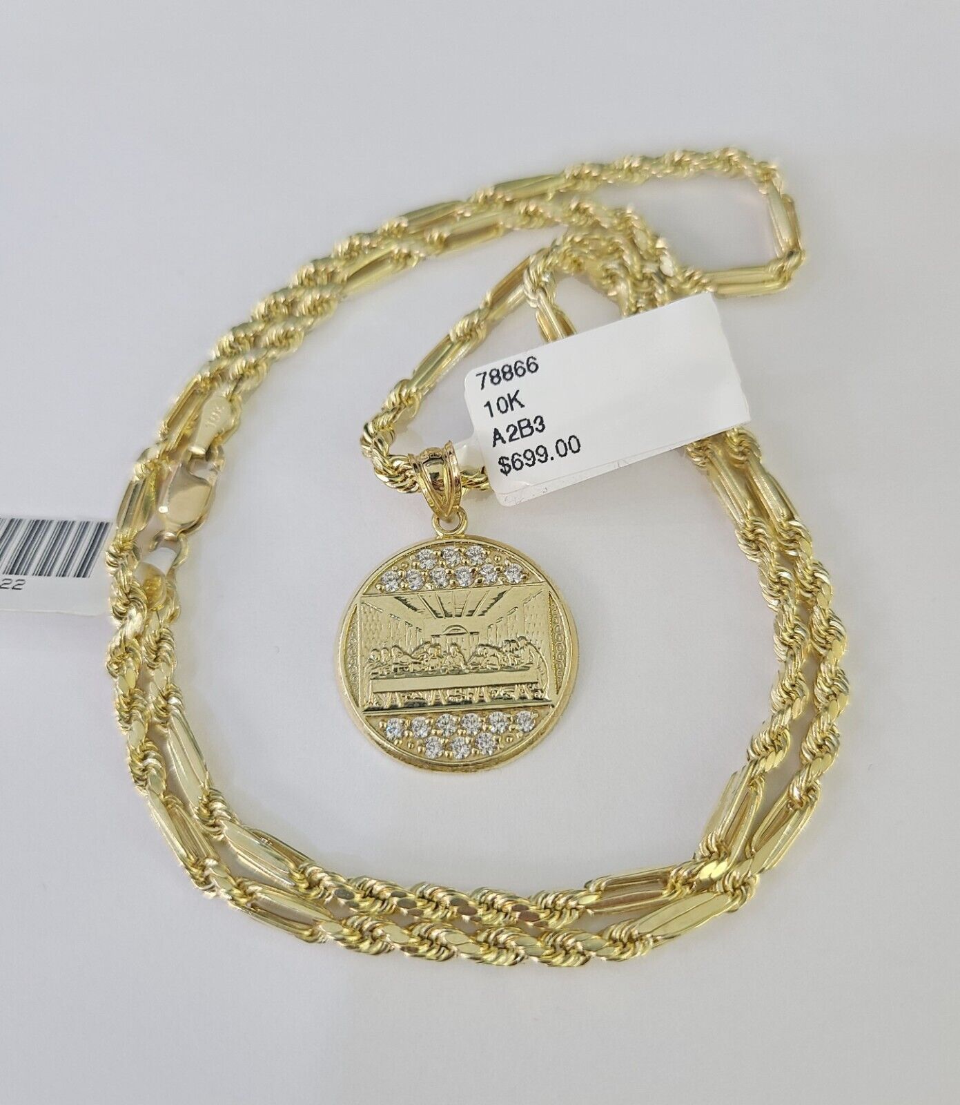 10k Milano Rope Chain Last Supper Charm Necklace SET 3mm 18" 20" 22" 24" Pendant - GoldenlinQ