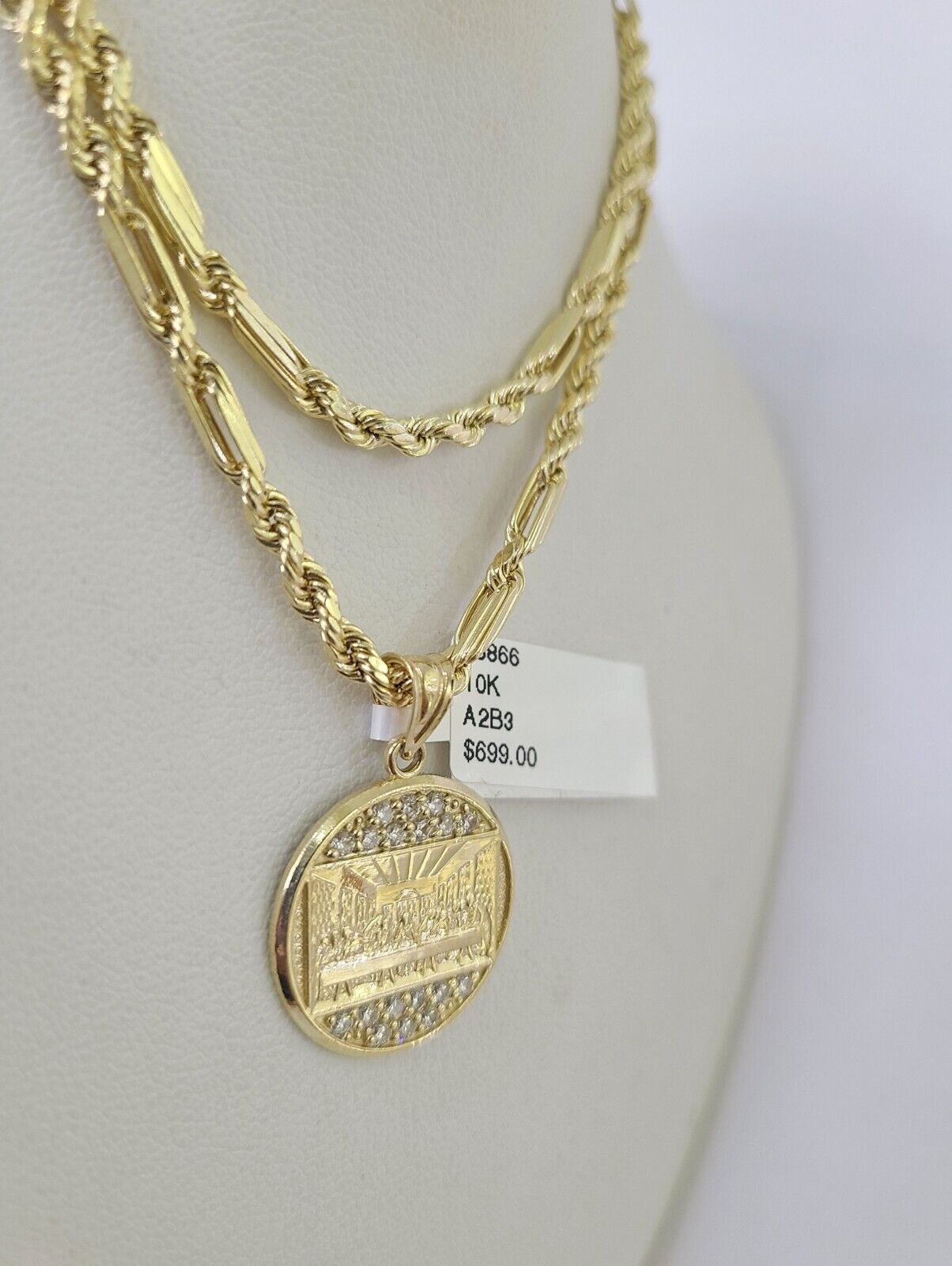 10k Milano Rope Chain Last Supper Charm Necklace SET 3mm 18" 20" 22" 24" Pendant - GoldenlinQ