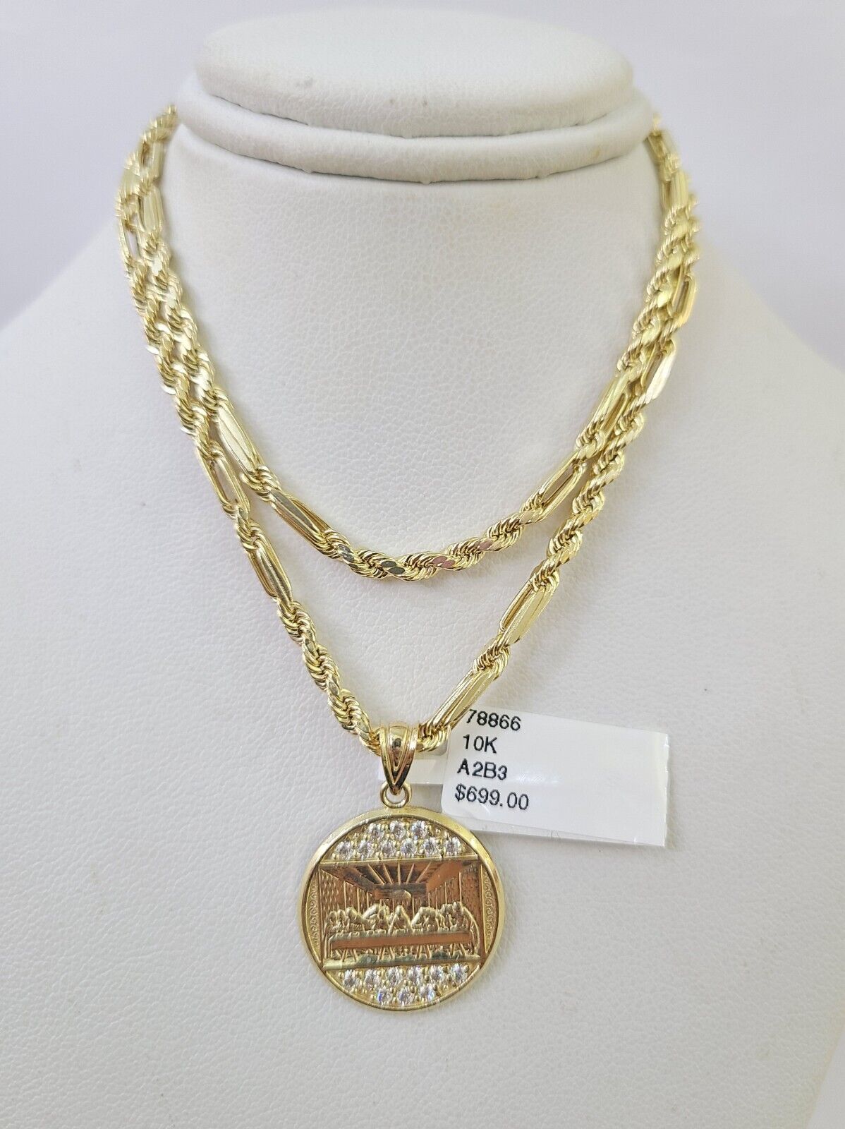 10k Milano Rope Chain Last Supper Charm Necklace SET 3mm 18" 20" 22" 24" Pendant - GoldenlinQ