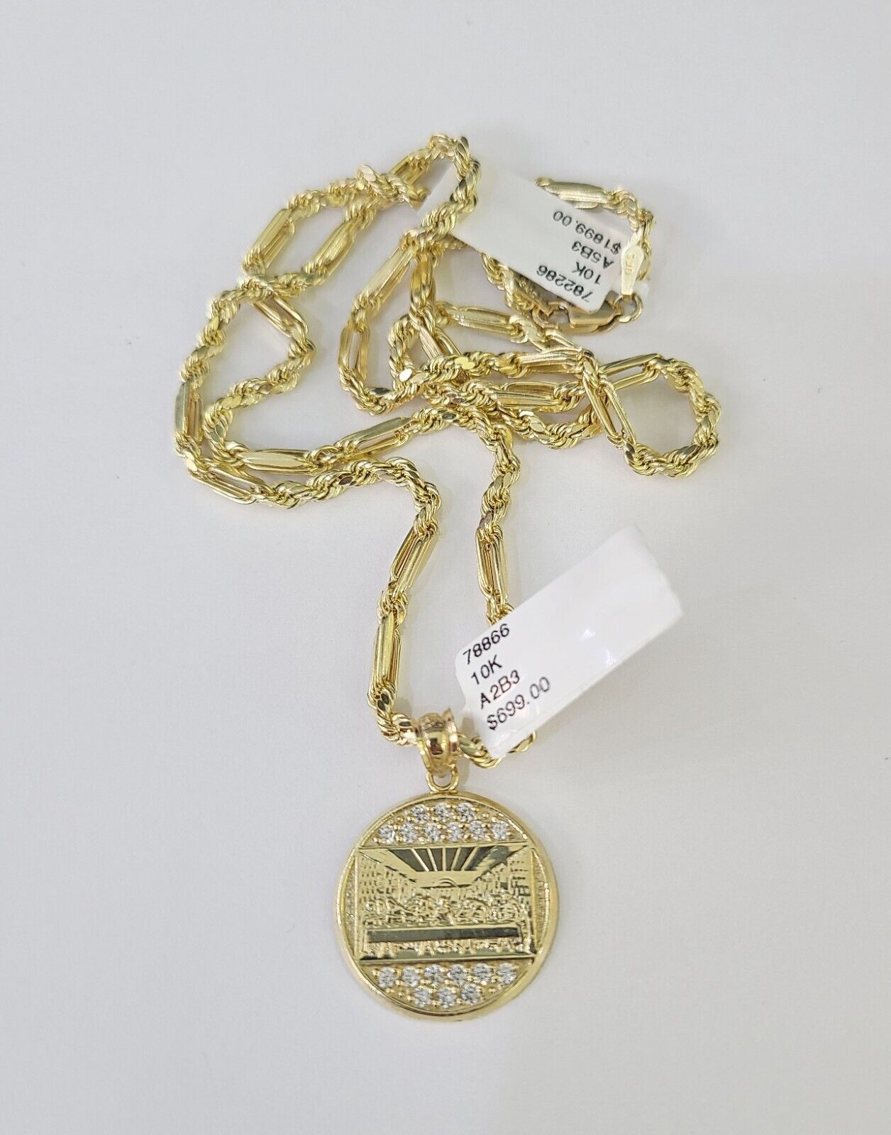 10k Milano Rope Chain Last Supper Charm Necklace SET 3mm 18" 20" 22" 24" Pendant - GoldenlinQ