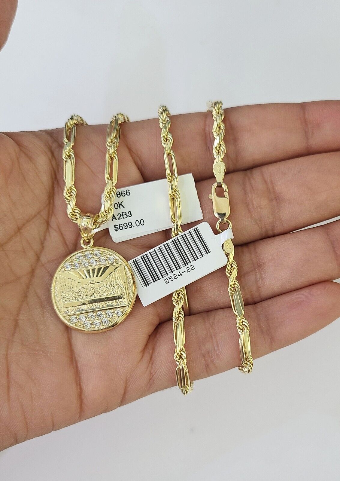 10k Milano Rope Chain Last Supper Charm Necklace SET 3mm 18" 20" 22" 24" Pendant - GoldenlinQ