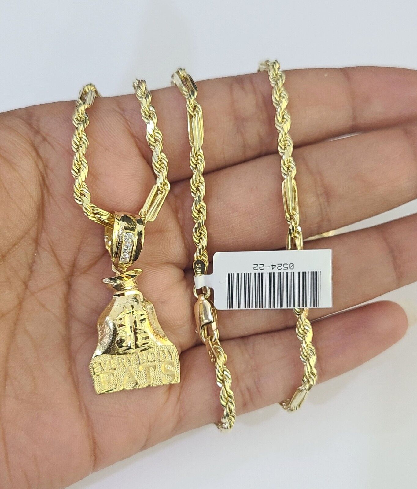 10k Milano Rope Chain Money Bag Charm Necklace SET 3mm 18" 20" 22" 24" - GoldenlinQ